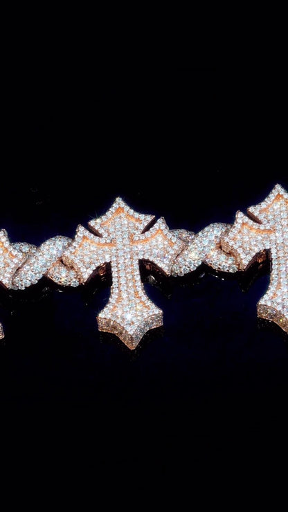 Iced Out Cross Link Bracelet, VVS1 Moissanite Pass Diamond Test, 925 Silver or 10K Gold Hip Hop Jewelry, Luxury Bling for Men & Women