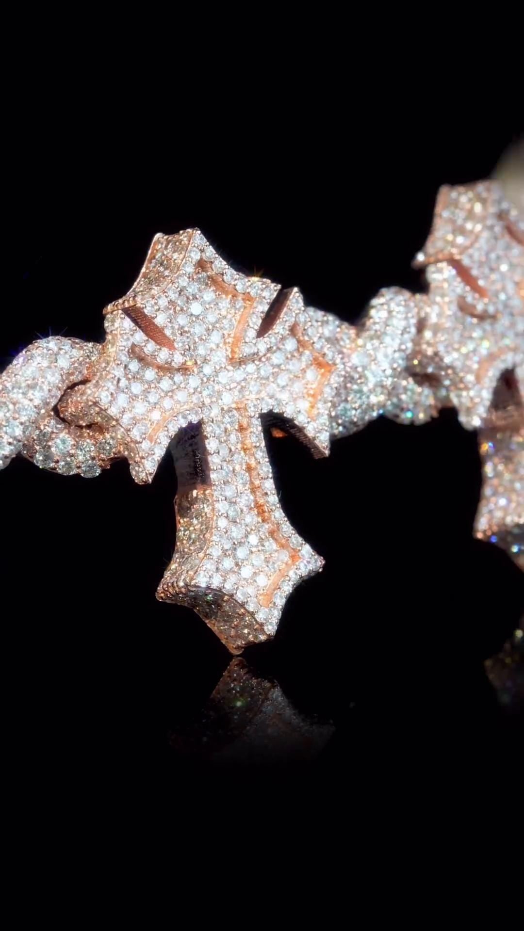 Iced Out Cross Link Bracelet, VVS1 Moissanite Pass Diamond Test, 925 Silver or 10K Gold Hip Hop Jewelry, Luxury Bling for Men & Women