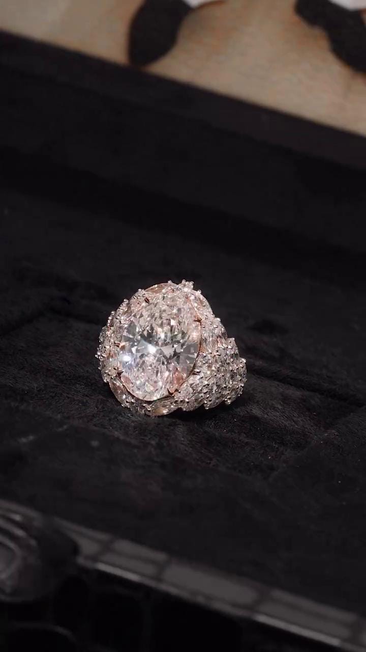 8ct Oval Moissanite Cluster Ring with Pear and Marquise Stones, Hip Hop Pinky Ring for Rappers, 925 Sterling Silver Rose & Silver Dual Tone