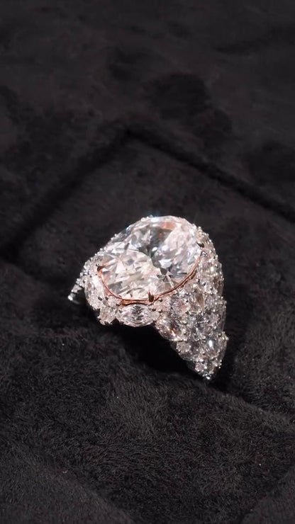 8ct Oval Moissanite Cluster Ring with Pear and Marquise Stones, Hip Hop Pinky Ring for Rappers, 925 Sterling Silver Rose & Silver Dual Tone