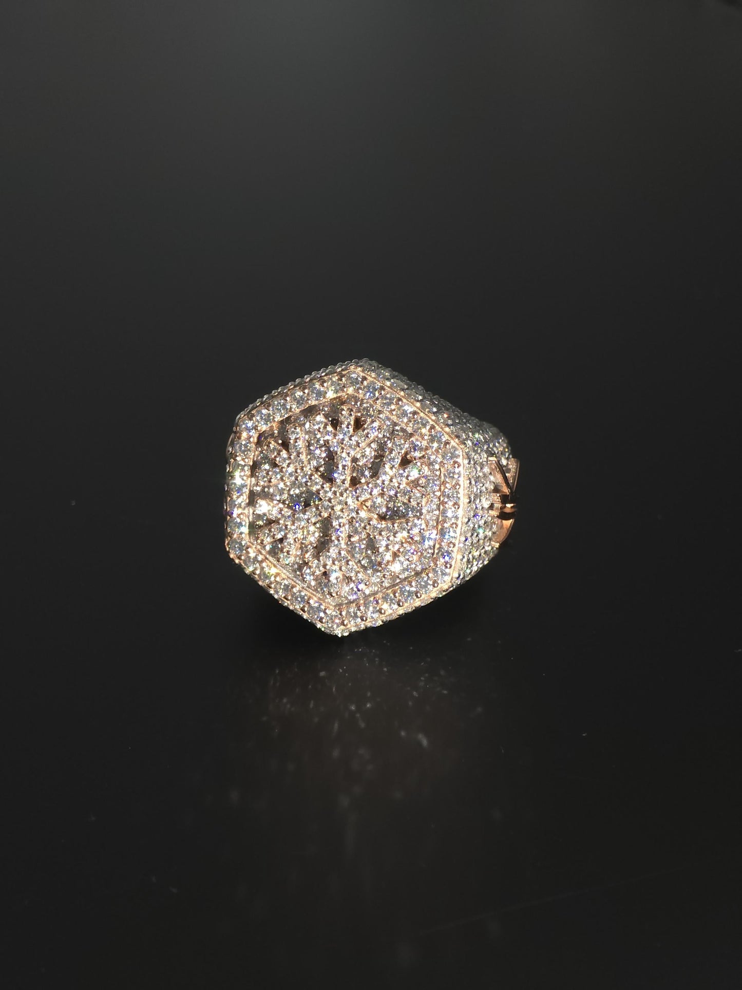 Custom Snowflake Iced-Out Ring – VVS Moissanite Hip Hop Ring in 925 Silver with Rose Gold Rhodium Plating – Men's Statement Bling Jewelry