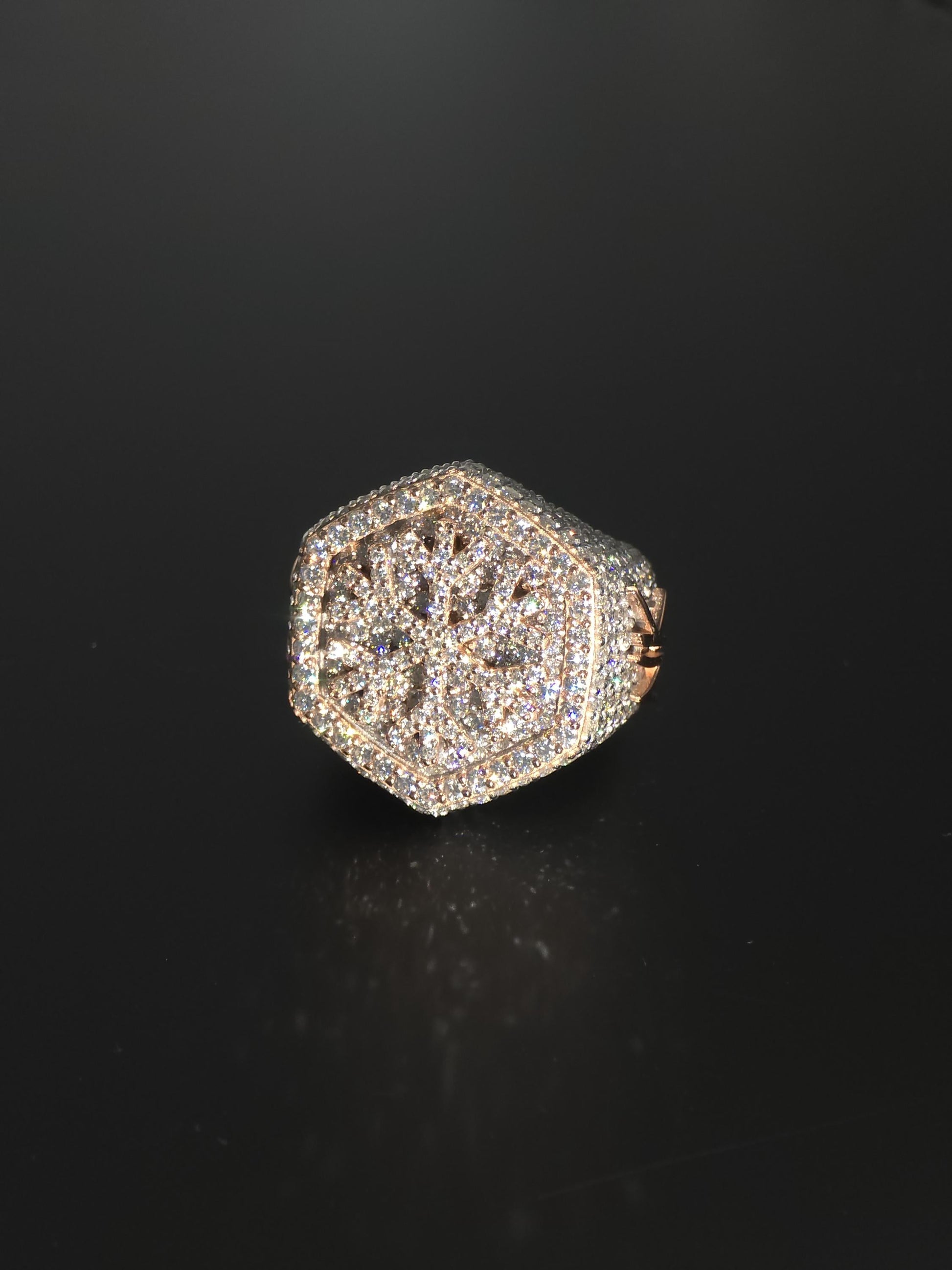 Custom Snowflake Iced-Out Ring – VVS Moissanite Hip Hop Ring in 925 Silver with Rose Gold Rhodium Plating – Men's Statement Bling Jewelry