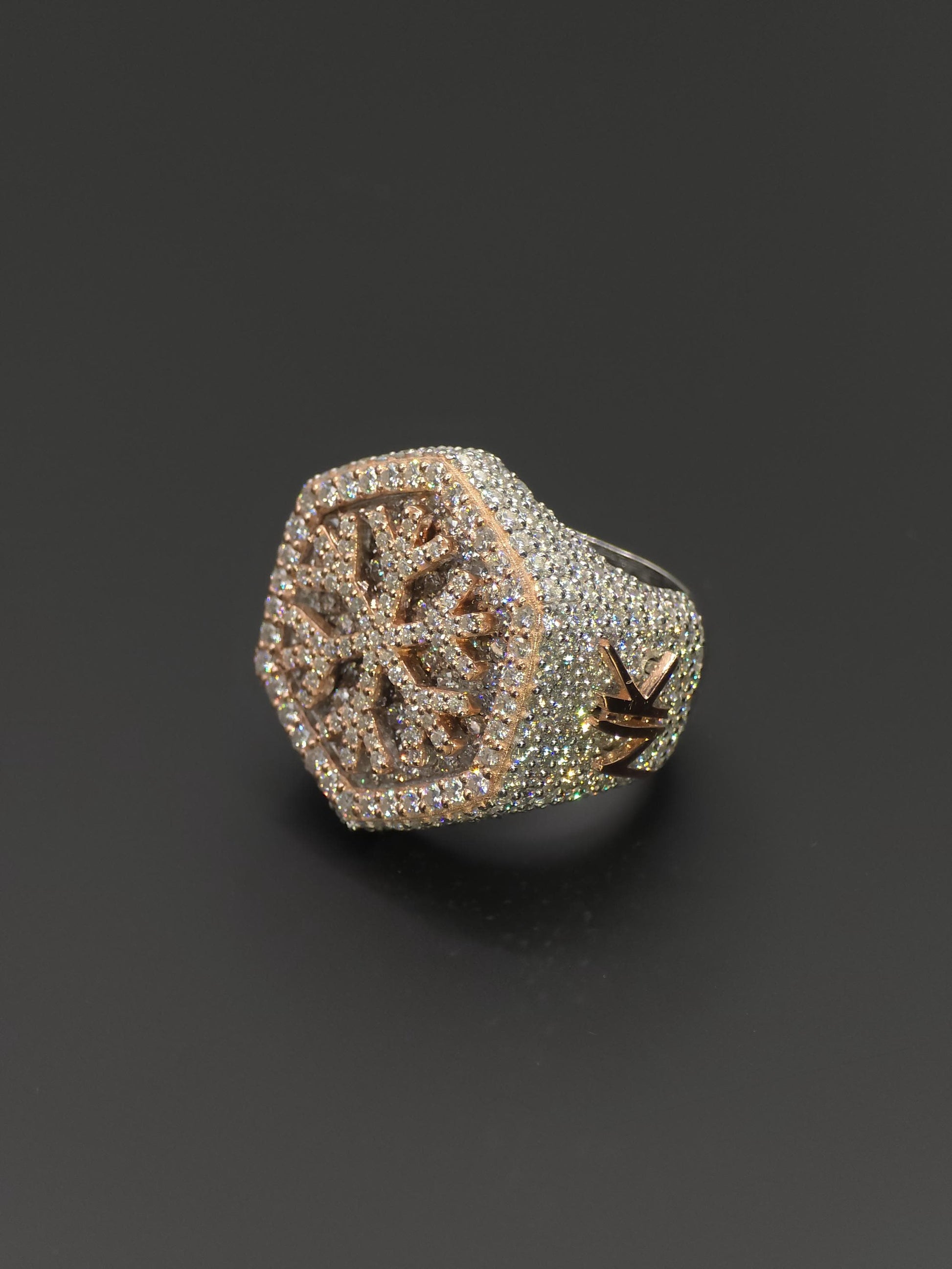 Custom Snowflake Iced-Out Ring – VVS Moissanite Hip Hop Ring in 925 Silver with Rose Gold Rhodium Plating – Men's Statement Bling Jewelry