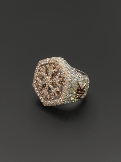 Custom Snowflake Iced-Out Ring – VVS Moissanite Hip Hop Ring in 925 Silver with Rose Gold Rhodium Plating – Men's Statement Bling Jewelry