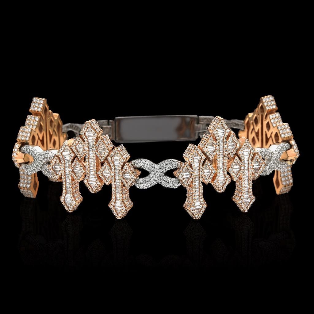 VVS1 Diamond Cross Link Bracelet, VVS1 Quality Baguette Moissanite Diamond, Pass Diamond Tester, Heavy Quality 925 Sterling Silver/Solid 10k