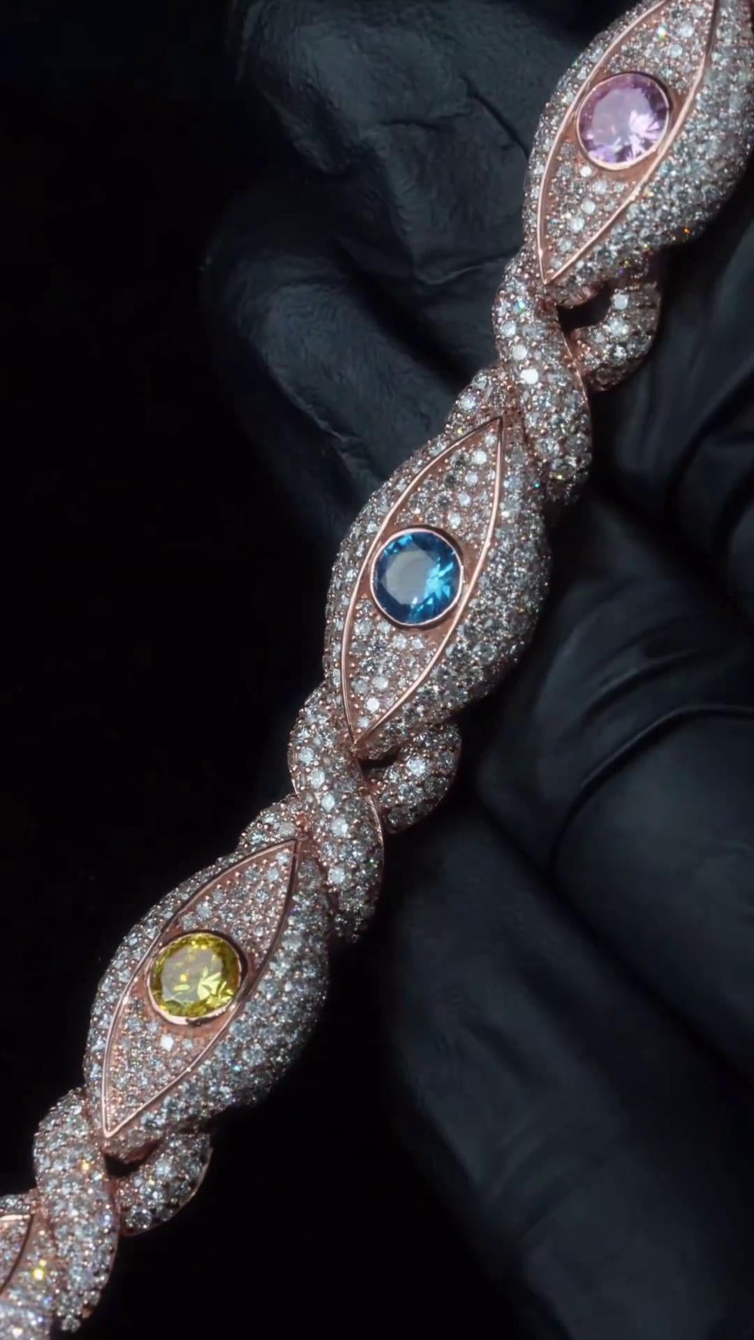 12mm Evil Eye Bracelet VVS Moissanite & Colored CZ, Iced Out Hip Hop Jewelry, Solid 10K Gold / 925 Silver, 6–9 Inch Length