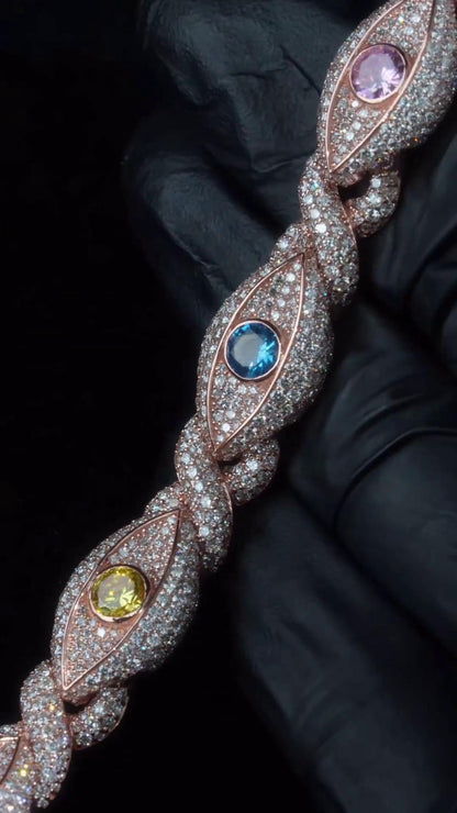 12mm Evil Eye Bracelet VVS Moissanite & Colored CZ, Iced Out Hip Hop Jewelry, Solid 10K Gold / 925 Silver, 6–9 Inch Length