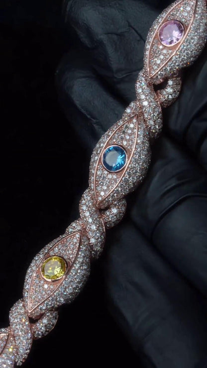 12mm Evil Eye Bracelet VVS Moissanite & Colored CZ, Iced Out Hip Hop Jewelry, Solid 10K Gold / 925 Silver, 6–9 Inch Length