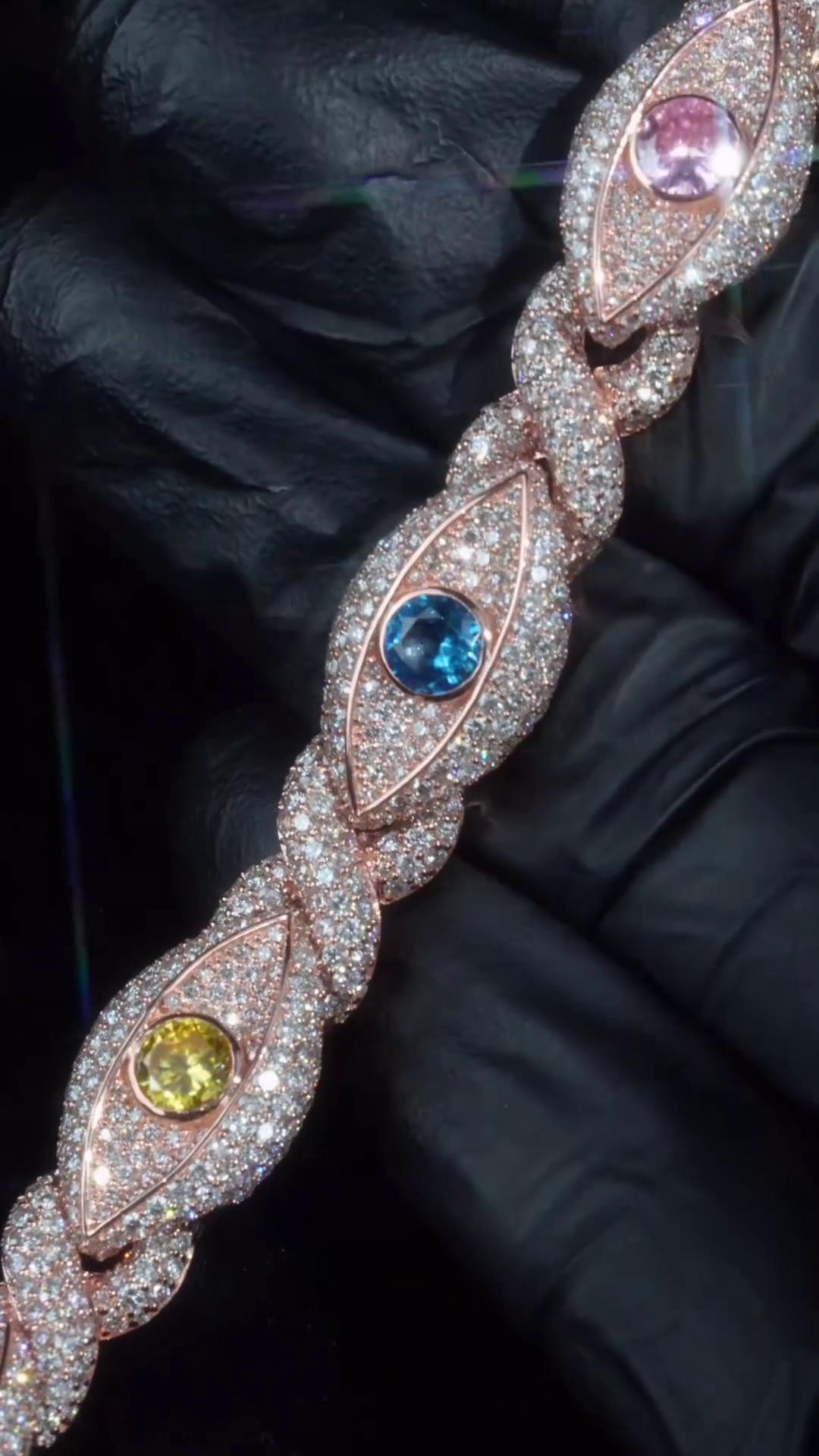 12mm Evil Eye Bracelet VVS Moissanite & Colored CZ, Iced Out Hip Hop Jewelry, Solid 10K Gold / 925 Silver, 6–9 Inch Length