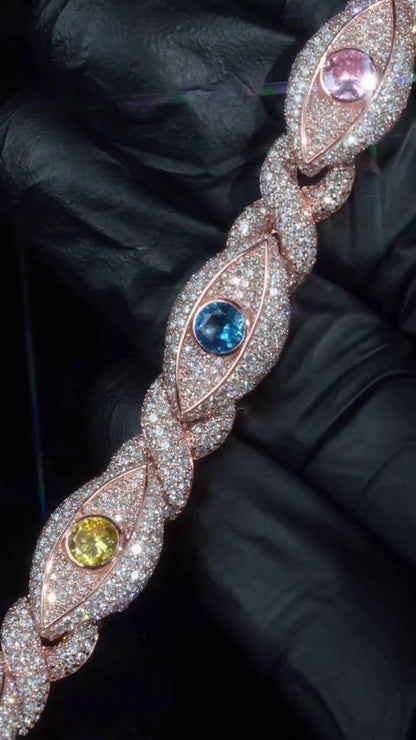 12mm Evil Eye Bracelet VVS Moissanite & Colored CZ, Iced Out Hip Hop Jewelry, Solid 10K Gold / 925 Silver, 6–9 Inch Length