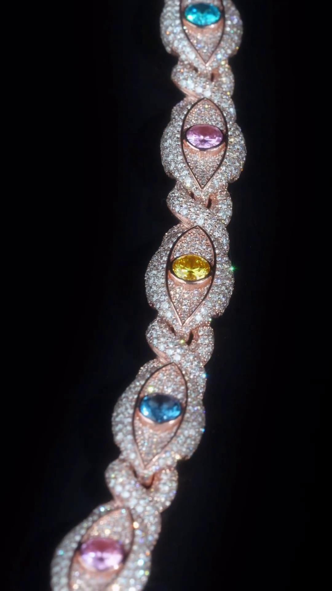 12mm Evil Eye Bracelet VVS Moissanite & Colored CZ, Iced Out Hip Hop Jewelry, Solid 10K Gold / 925 Silver, 6–9 Inch Length