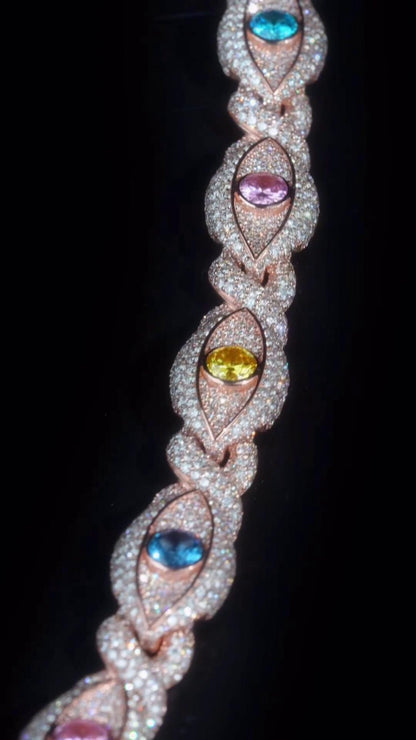 12mm Evil Eye Bracelet VVS Moissanite & Colored CZ, Iced Out Hip Hop Jewelry, Solid 10K Gold / 925 Silver, 6–9 Inch Length
