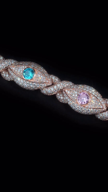 12mm Evil Eye Bracelet VVS Moissanite & Colored CZ, Iced Out Hip Hop Jewelry, Solid 10K Gold / 925 Silver, 6–9 Inch Length