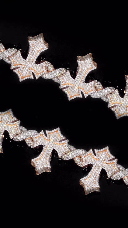 Iced Out Cross Link Bracelet, VVS1 Moissanite Pass Diamond Test, 925 Silver or 10K Gold Hip Hop Jewelry, Luxury Bling for Men & Women