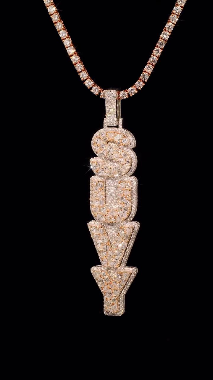 VVS Moissanite Vertical Pendant | Rhodium Plated 925 Sterling Silver | Mixed Cut Moissanite | Diamond Tester Approved | Hip Hop Jewelry