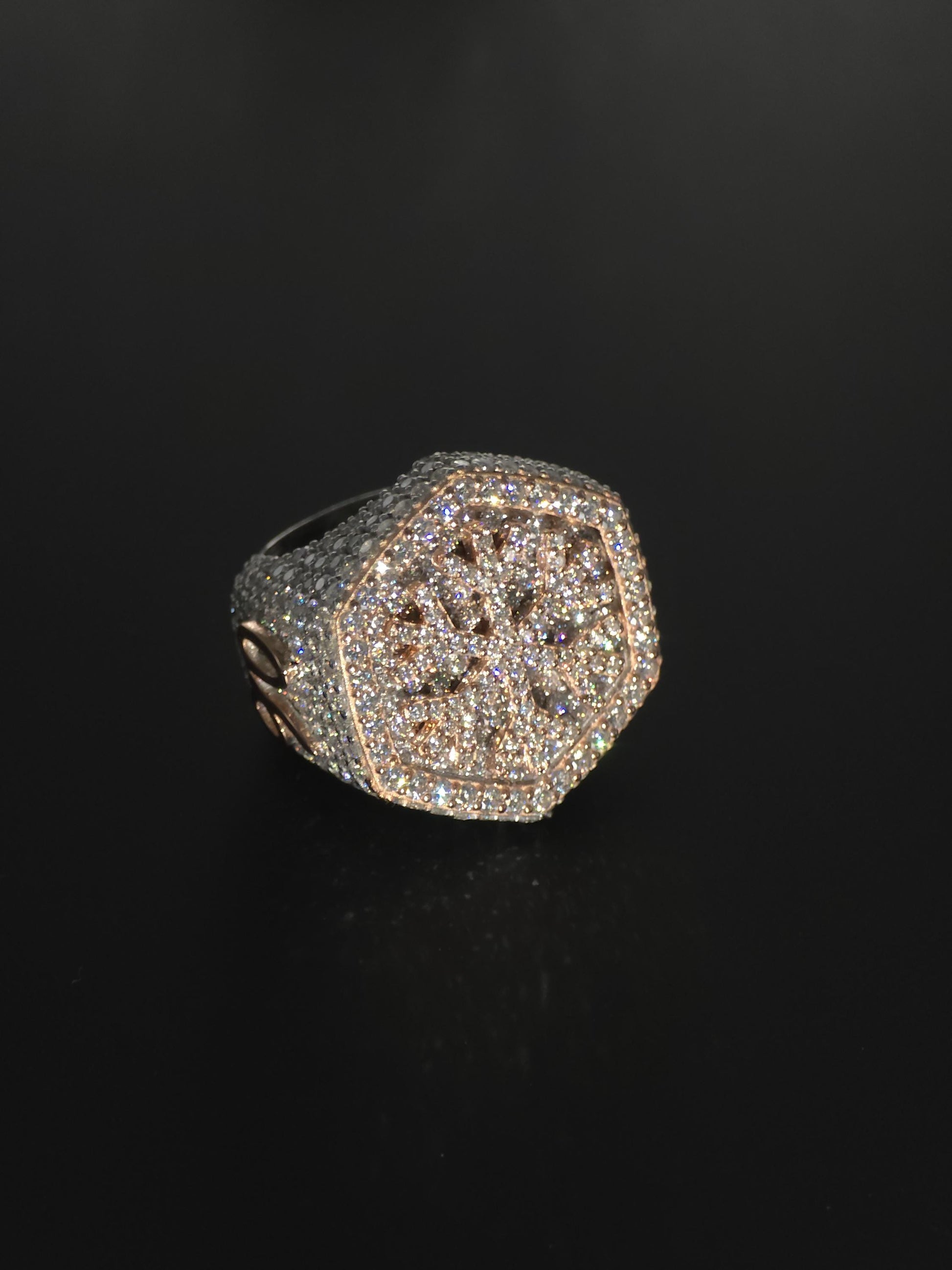 Custom Snowflake Iced-Out Ring – VVS Moissanite Hip Hop Ring in 925 Silver with Rose Gold Rhodium Plating – Men's Statement Bling Jewelry