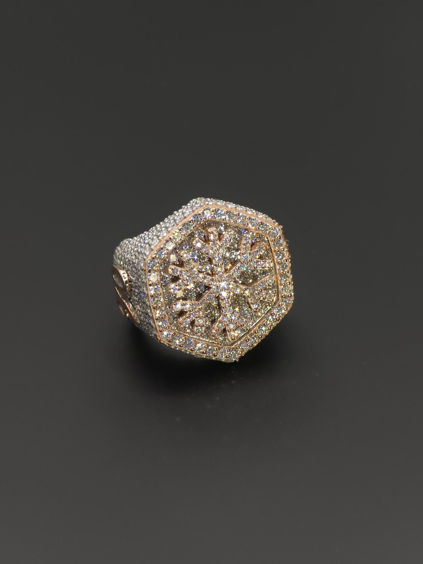 Custom Snowflake Iced-Out Ring – VVS Moissanite Hip Hop Ring in 925 Silver with Rose Gold Rhodium Plating – Men's Statement Bling Jewelry