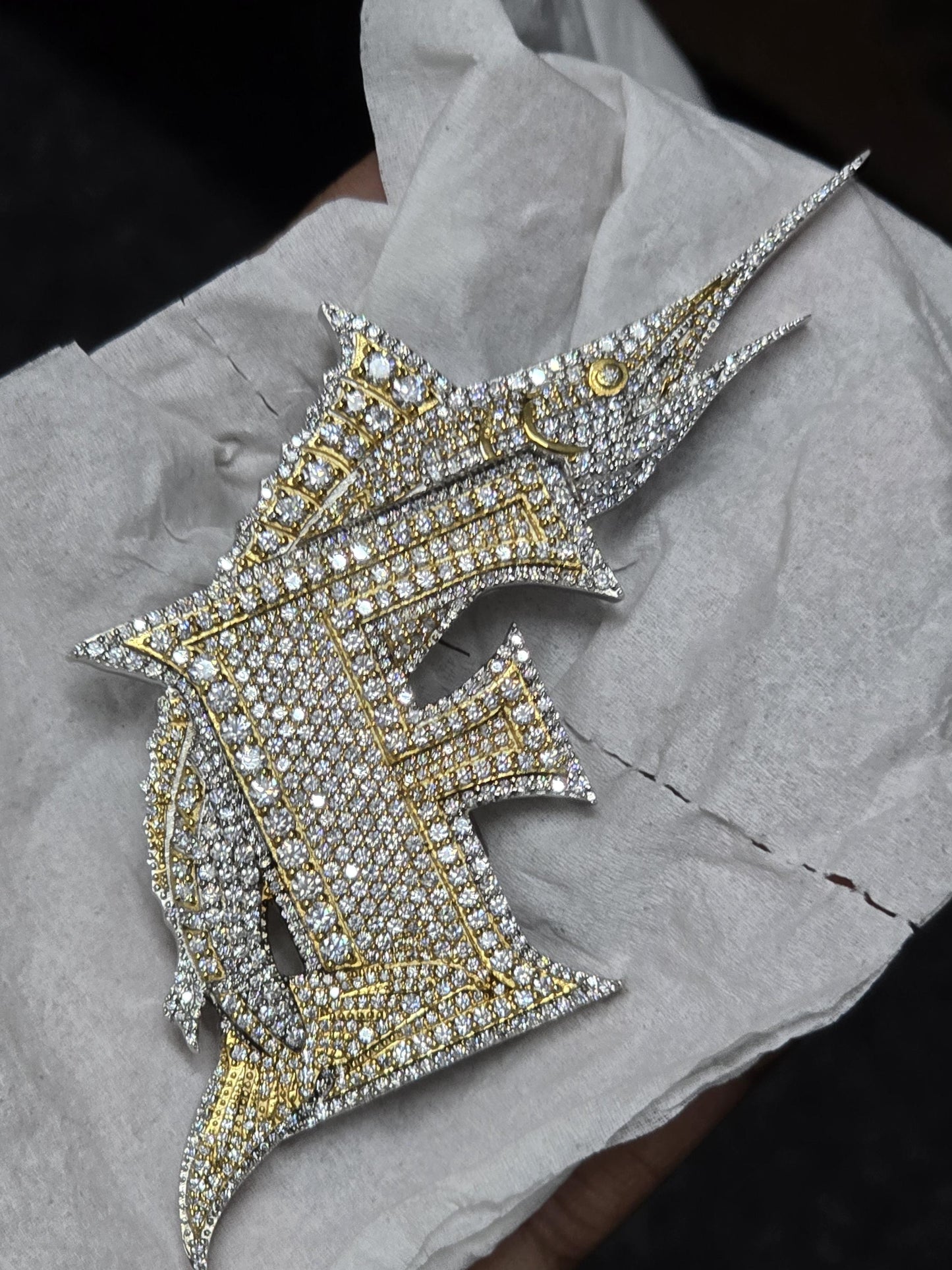 Letter F Swordfish Pendant, Iced Out Marlin, VVS Moissanite/Lab Diamond, 925 Silver or 10K Gold, Two-Tone Hip Hop Jewelry