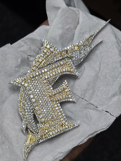 Letter F Swordfish Pendant, Iced Out Marlin, VVS Moissanite/Lab Diamond, 925 Silver or 10K Gold, Two-Tone Hip Hop Jewelry