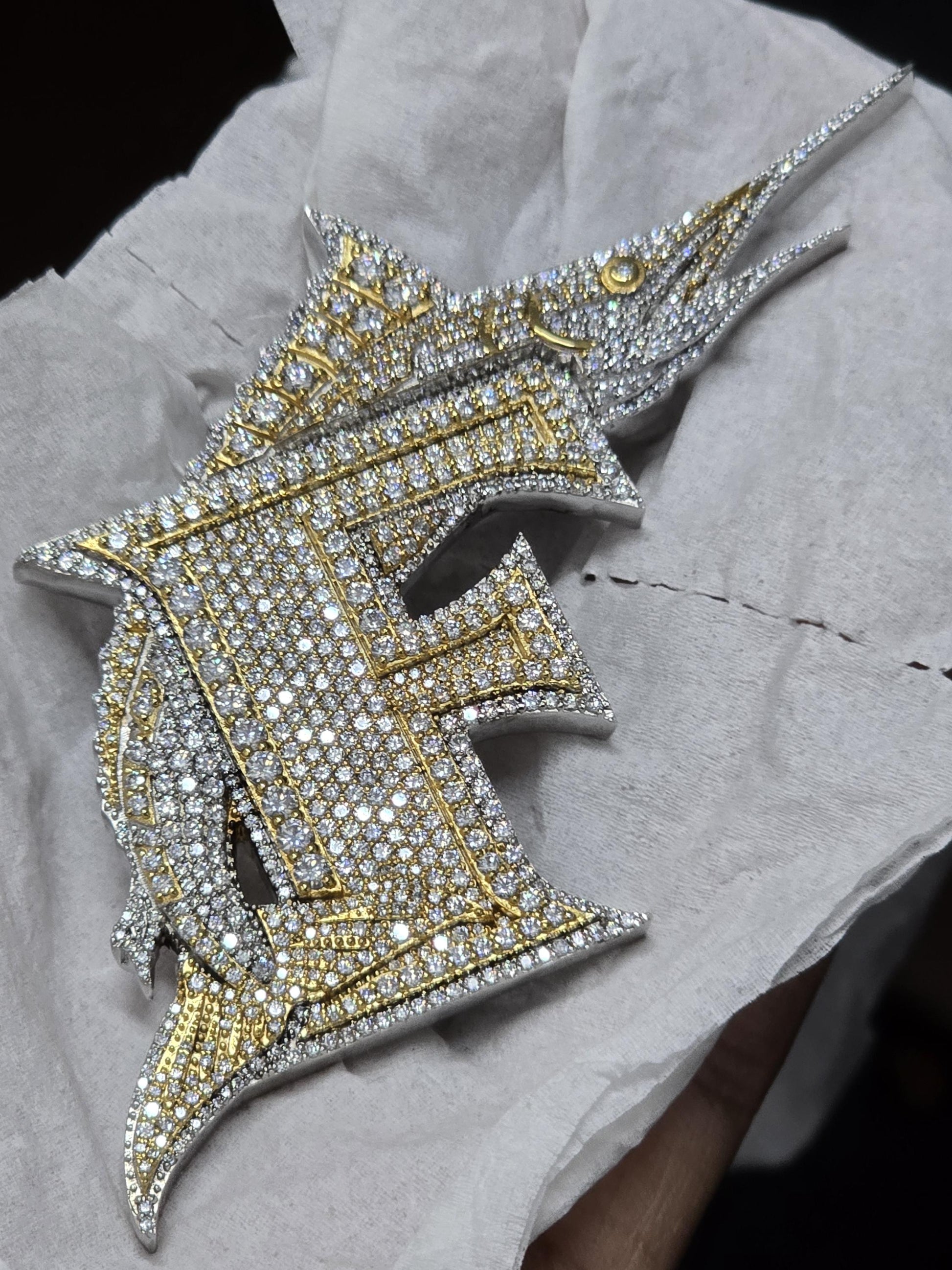Letter F Swordfish Pendant, Iced Out Marlin, VVS Moissanite/Lab Diamond, 925 Silver or 10K Gold, Two-Tone Hip Hop Jewelry