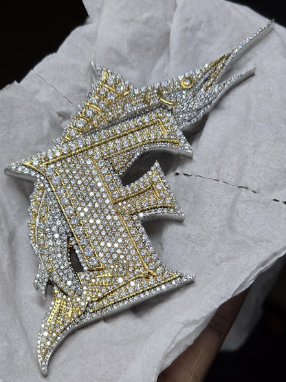 Letter F Swordfish Pendant, Iced Out Marlin, VVS Moissanite/Lab Diamond, 925 Silver or 10K Gold, Two-Tone Hip Hop Jewelry