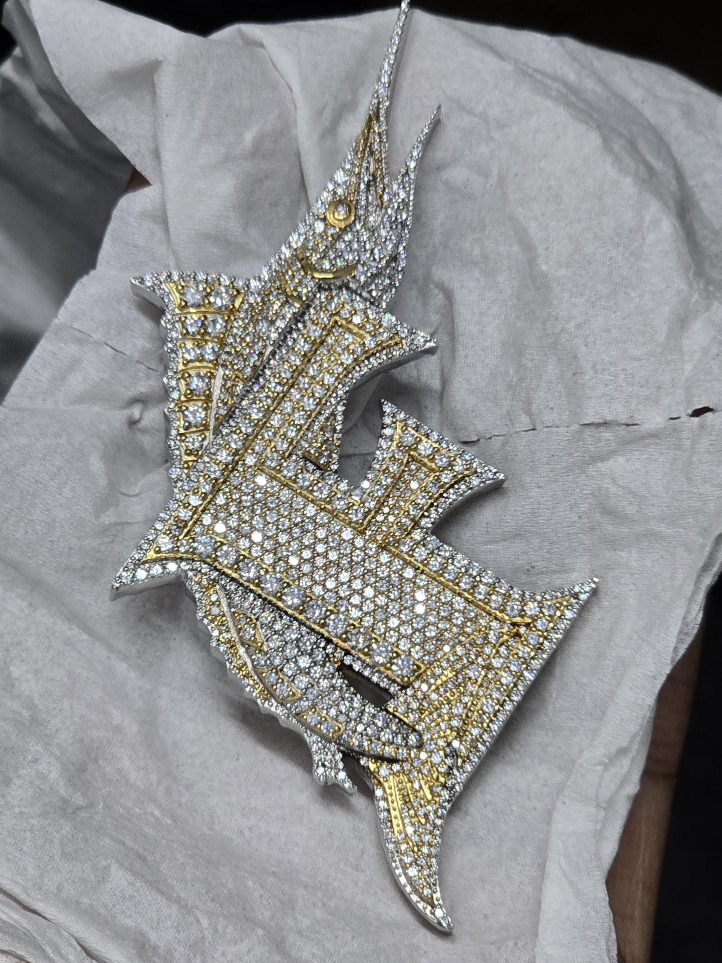 Letter F Swordfish Pendant, Iced Out Marlin, VVS Moissanite/Lab Diamond, 925 Silver or 10K Gold, Two-Tone Hip Hop Jewelry
