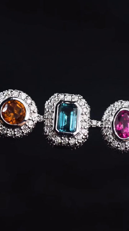 Rainbow Gemstone Tennis Bracelet | Multi-Shape Gemstones with Moissanite Halo | Sterling Silver Luxury Jewelry