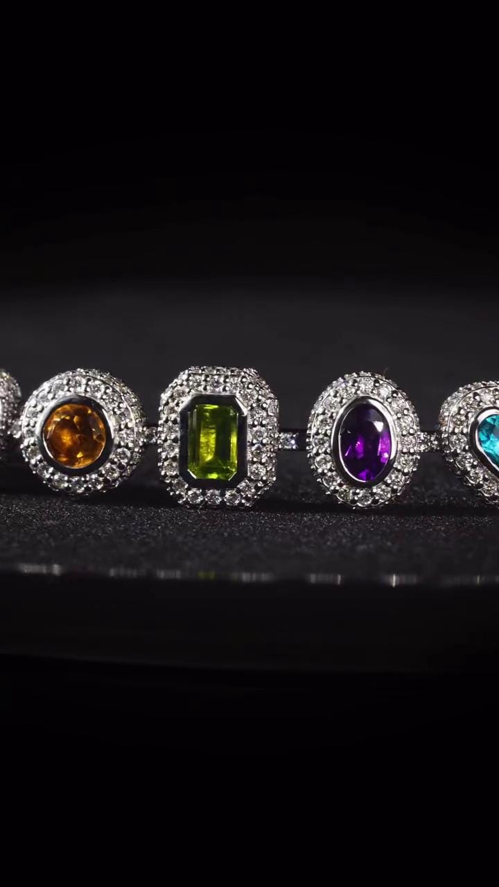 Rainbow Gemstone Tennis Bracelet | Multi-Shape Gemstones with Moissanite Halo | Sterling Silver Luxury Jewelry
