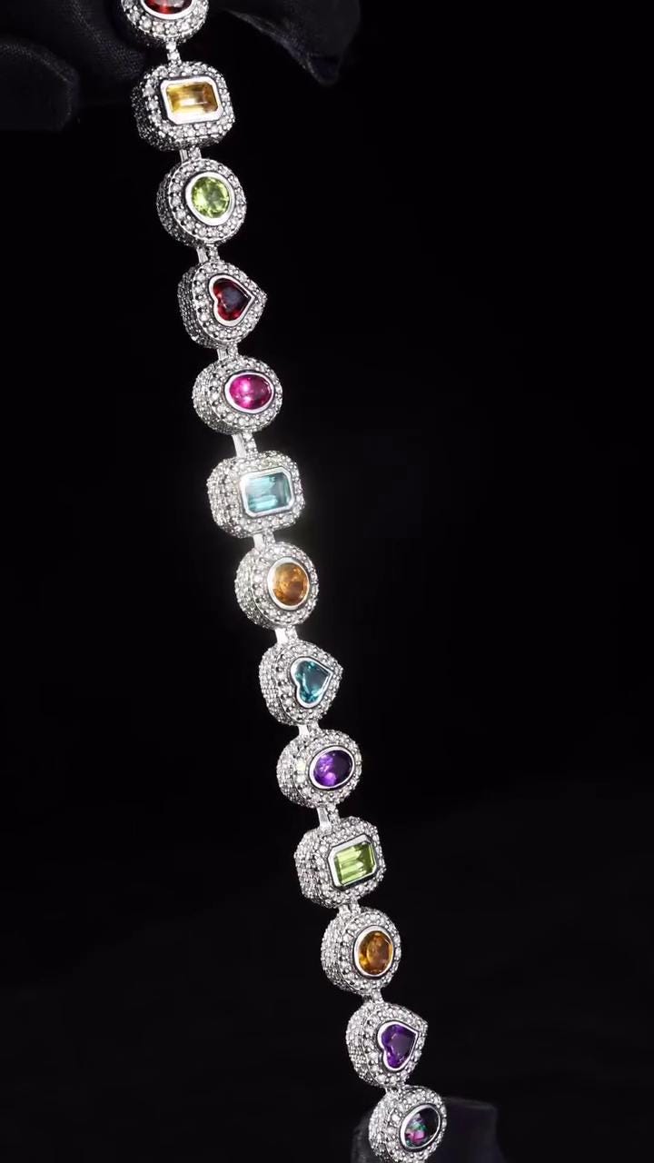 Rainbow Gemstone Tennis Bracelet | Multi-Shape Gemstones with Moissanite Halo | Sterling Silver Luxury Jewelry