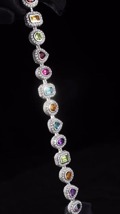 Rainbow Gemstone Tennis Bracelet | Multi-Shape Gemstones with Moissanite Halo | Sterling Silver Luxury Jewelry