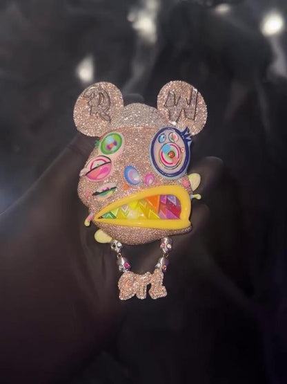 Custom Multi-Color Bear Head Pendant | VVS Moissanite Iced Out | Unique Hip Hop Jewelry | Rainbow Enamel & Skull Accents