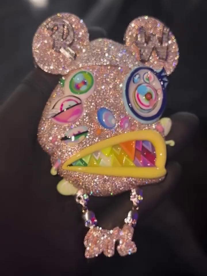 Custom Multi-Color Bear Head Pendant | VVS Moissanite Iced Out | Unique Hip Hop Jewelry | Rainbow Enamel & Skull Accents