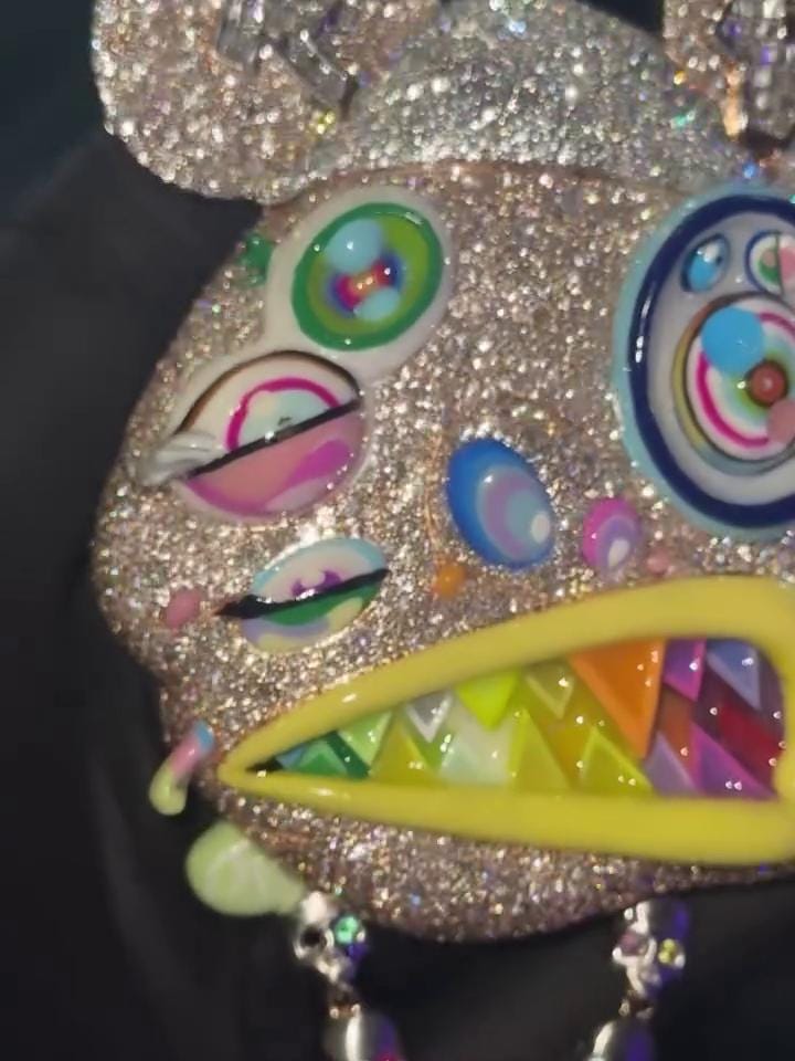 Custom Multi-Color Bear Head Pendant | VVS Moissanite Iced Out | Unique Hip Hop Jewelry | Rainbow Enamel & Skull Accents