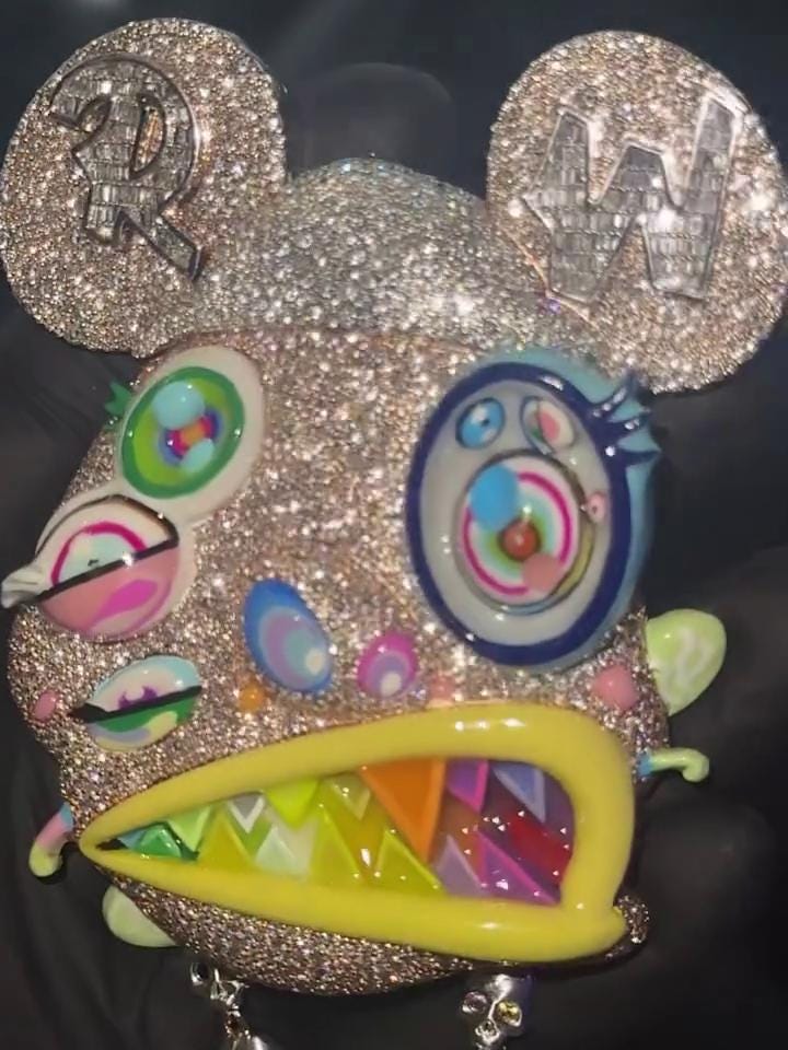 Custom Multi-Color Bear Head Pendant | VVS Moissanite Iced Out | Unique Hip Hop Jewelry | Rainbow Enamel & Skull Accents