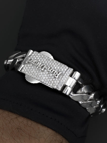 15mm Cuban Link Bracelet with Custom Moissanite Lock | Solid 925 Sterling Silver | Plain Polished Finish | Iced Out Clasp | Hip Hop Jewelry