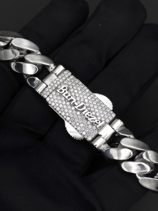 15mm Cuban Link Bracelet with Custom Moissanite Lock | Solid 925 Sterling Silver | Plain Polished Finish | Iced Out Clasp | Hip Hop Jewelry