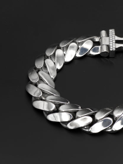 15mm Cuban Link Bracelet with Custom Moissanite Lock | Solid 925 Sterling Silver | Plain Polished Finish | Iced Out Clasp | Hip Hop Jewelry