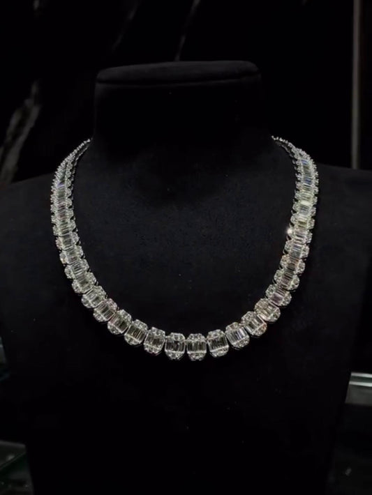 10mm Baguette & Round Cut Track Chain | D Color VVS1 Moissanite, Pass Diamond Tester | Tennis Necklace for Men / Women | 925 Sterling Silver