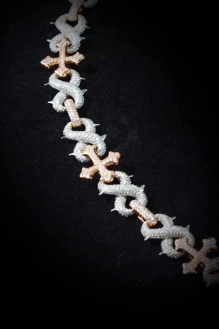 Iced Out Cross Link Bracelet | 925 Silver or 10K Gold | VVS1 Moissanite Hip Hop Jewelry | Diamond Tester Passed