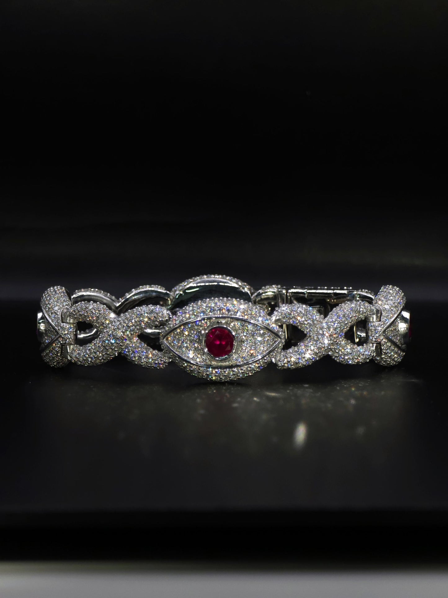 Luxury Ruby Evil Eye Bracelet | 16mm Wide | VVS1 Moissanite Iced Out Link Bracelet | 925 Sterling Silver | Hip Hop Jewelry for Men & Women