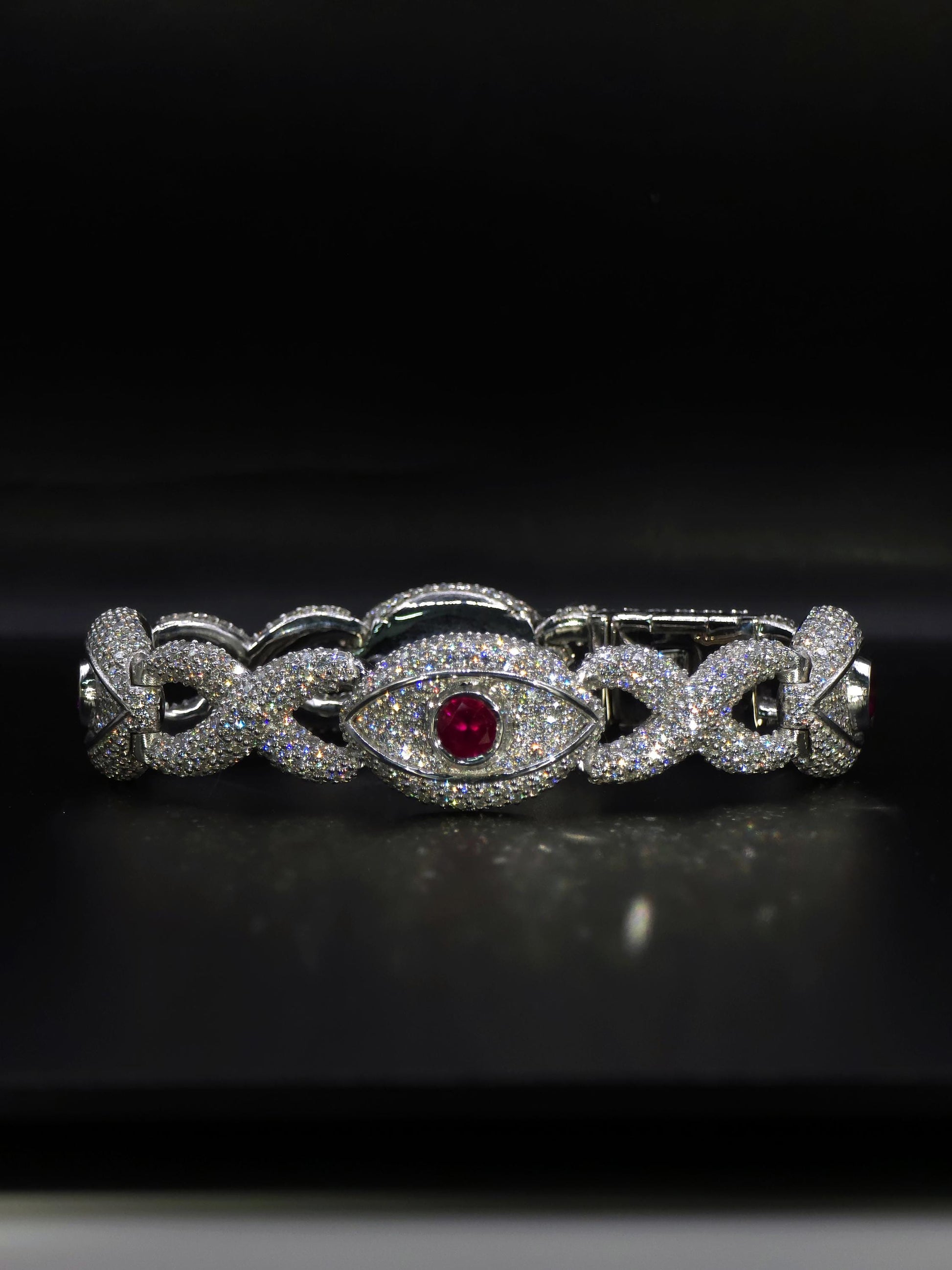 Luxury Ruby Evil Eye Bracelet | 16mm Wide | VVS1 Moissanite Iced Out Link Bracelet | 925 Sterling Silver | Hip Hop Jewelry for Men & Women