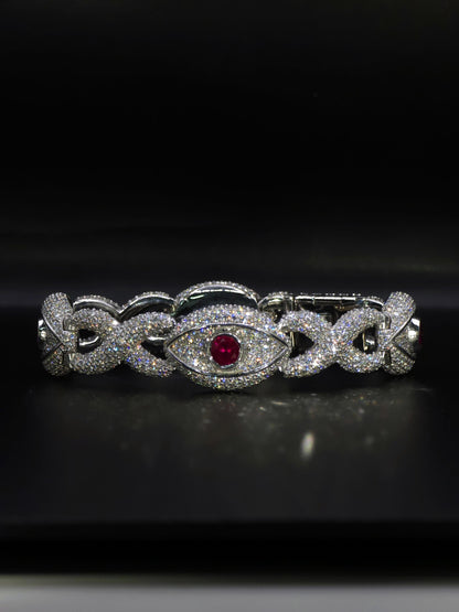 Luxury Ruby Evil Eye Bracelet | 16mm Wide | VVS1 Moissanite Iced Out Link Bracelet | 925 Sterling Silver | Hip Hop Jewelry for Men & Women