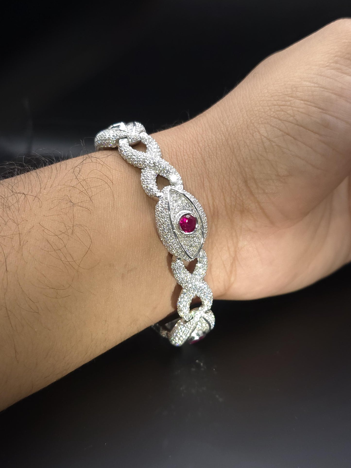 Luxury Ruby Evil Eye Bracelet | 16mm Wide | VVS1 Moissanite Iced Out Link Bracelet | 925 Sterling Silver | Hip Hop Jewelry for Men & Women