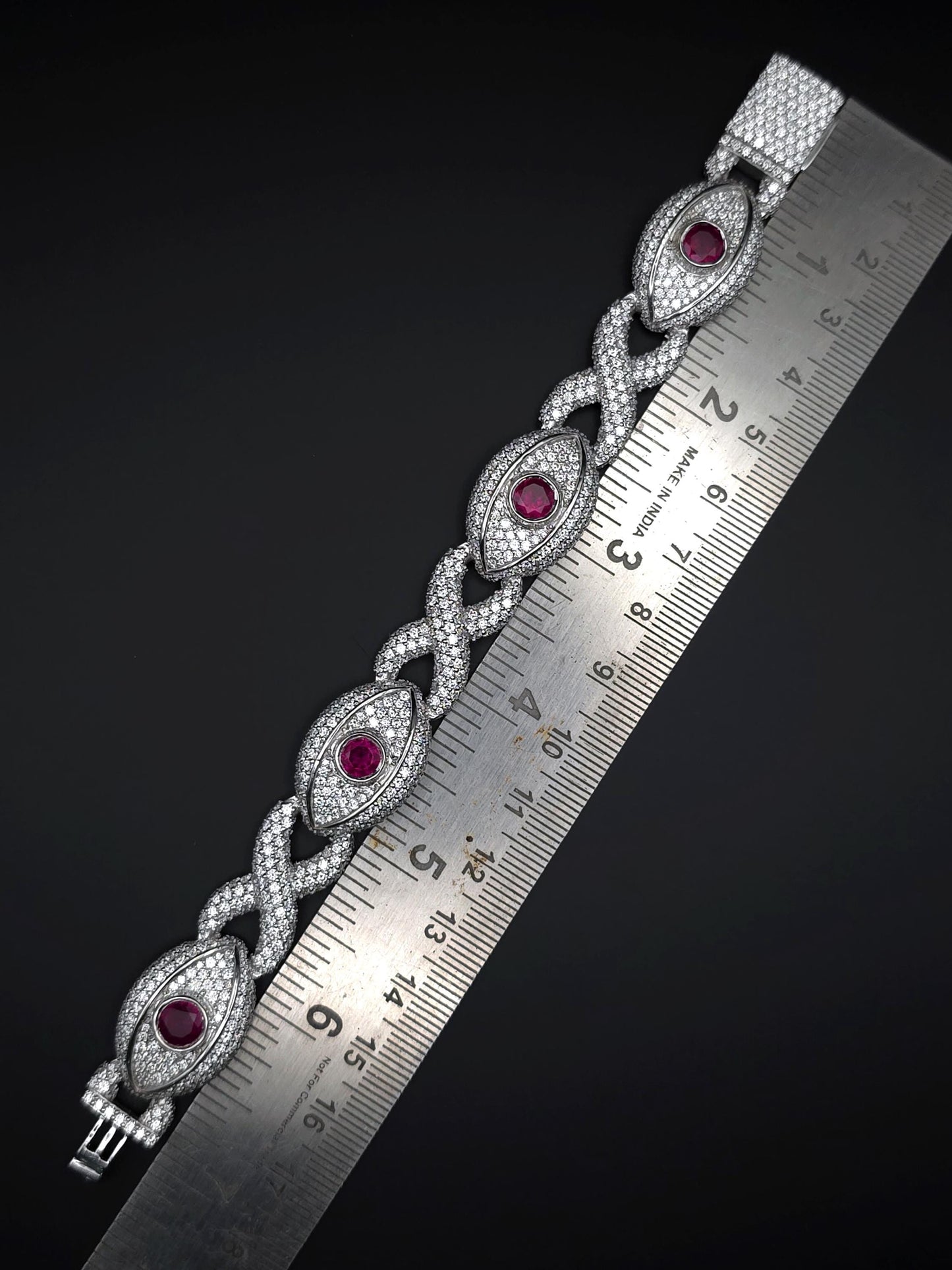 Luxury Ruby Evil Eye Bracelet | 16mm Wide | VVS1 Moissanite Iced Out Link Bracelet | 925 Sterling Silver | Hip Hop Jewelry for Men & Women