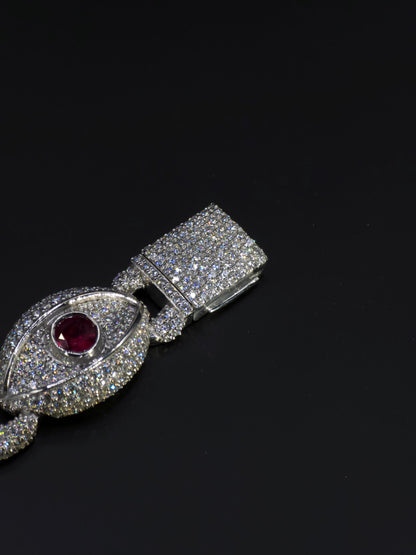 Luxury Ruby Evil Eye Bracelet | 16mm Wide | VVS1 Moissanite Iced Out Link Bracelet | 925 Sterling Silver | Hip Hop Jewelry for Men & Women