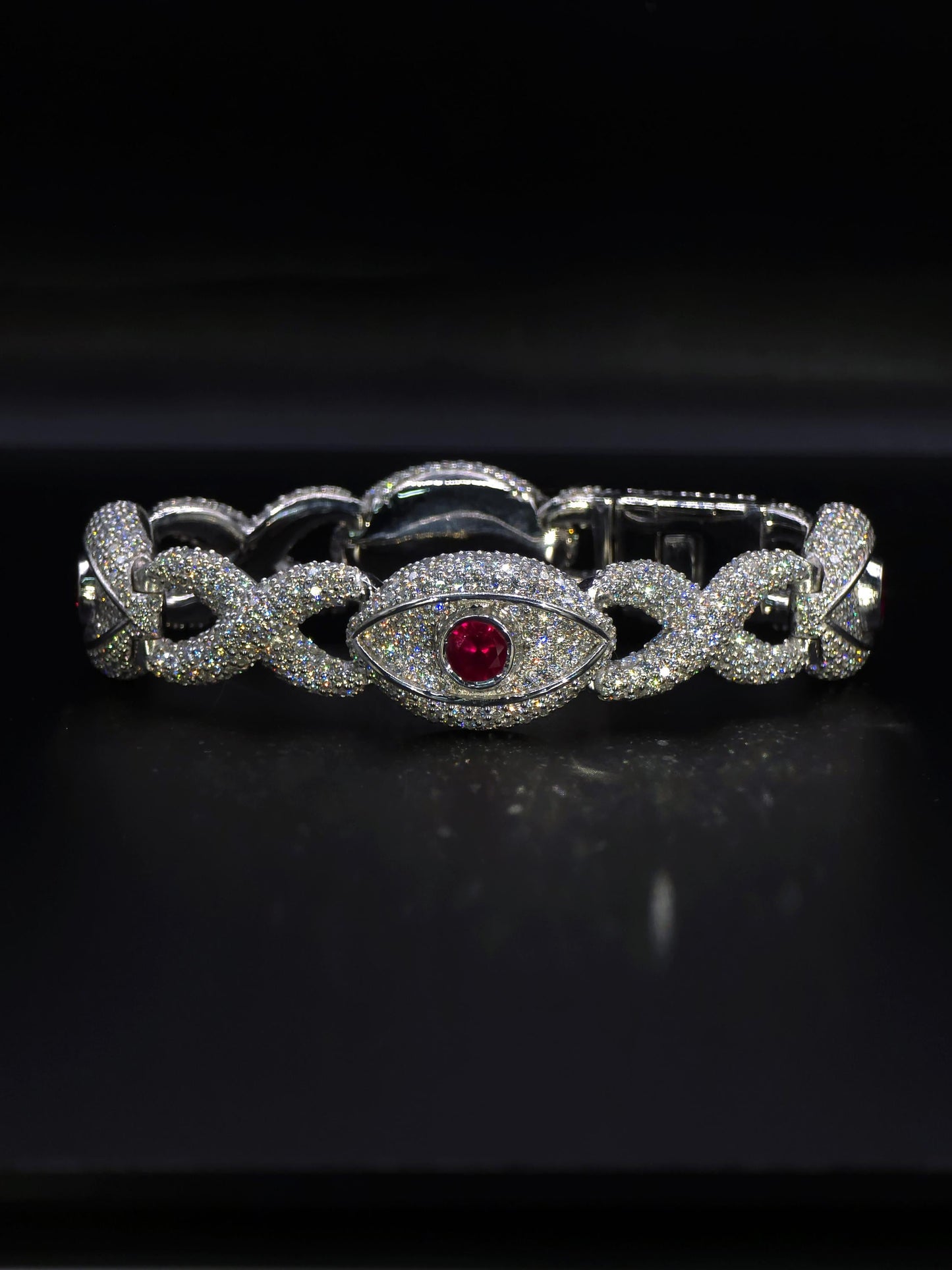 Luxury Ruby Evil Eye Bracelet | 16mm Wide | VVS1 Moissanite Iced Out Link Bracelet | 925 Sterling Silver | Hip Hop Jewelry for Men & Women