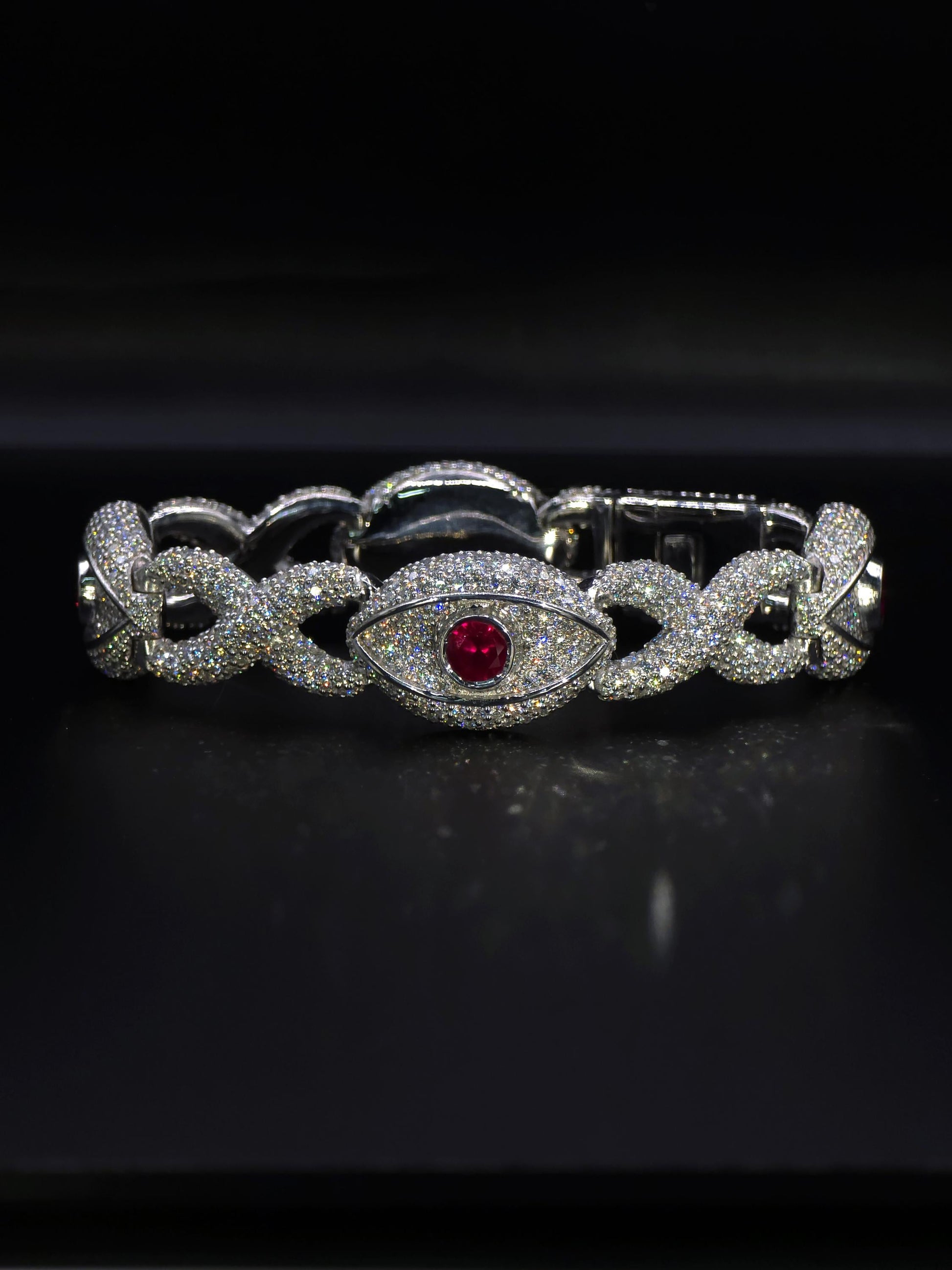 Luxury Ruby Evil Eye Bracelet | 16mm Wide | VVS1 Moissanite Iced Out Link Bracelet | 925 Sterling Silver | Hip Hop Jewelry for Men & Women
