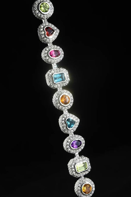 Rainbow Gemstone Tennis Bracelet | Multi-Shape Gemstones with Moissanite Halo | Sterling Silver Luxury Jewelry