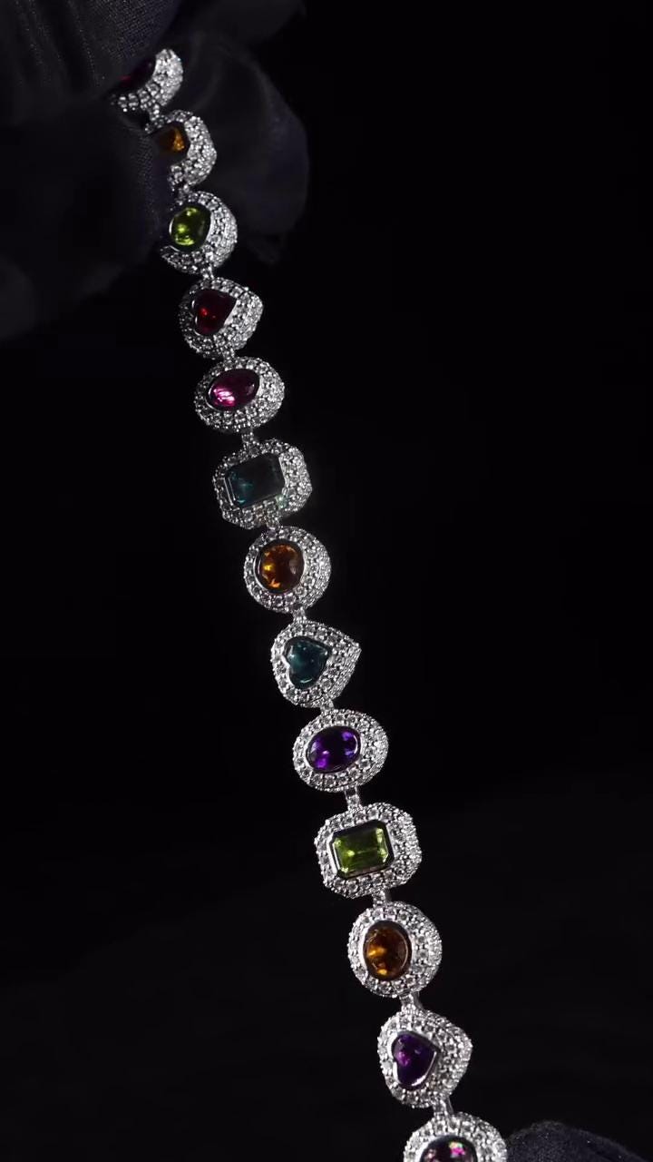 Rainbow Gemstone Tennis Bracelet | Multi-Shape Gemstones with Moissanite Halo | Sterling Silver Luxury Jewelry
