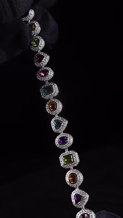 Rainbow Gemstone Tennis Bracelet | Multi-Shape Gemstones with Moissanite Halo | Sterling Silver Luxury Jewelry
